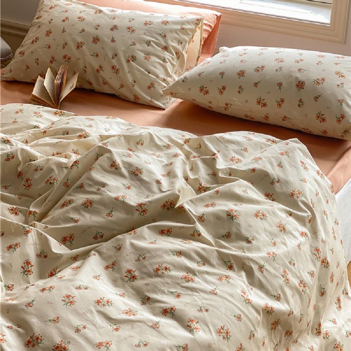 Unyqoos Elegant Beddengoedset van Katoen met Bloemenprint en Ritssluiting Vintage Oranje Bloemen