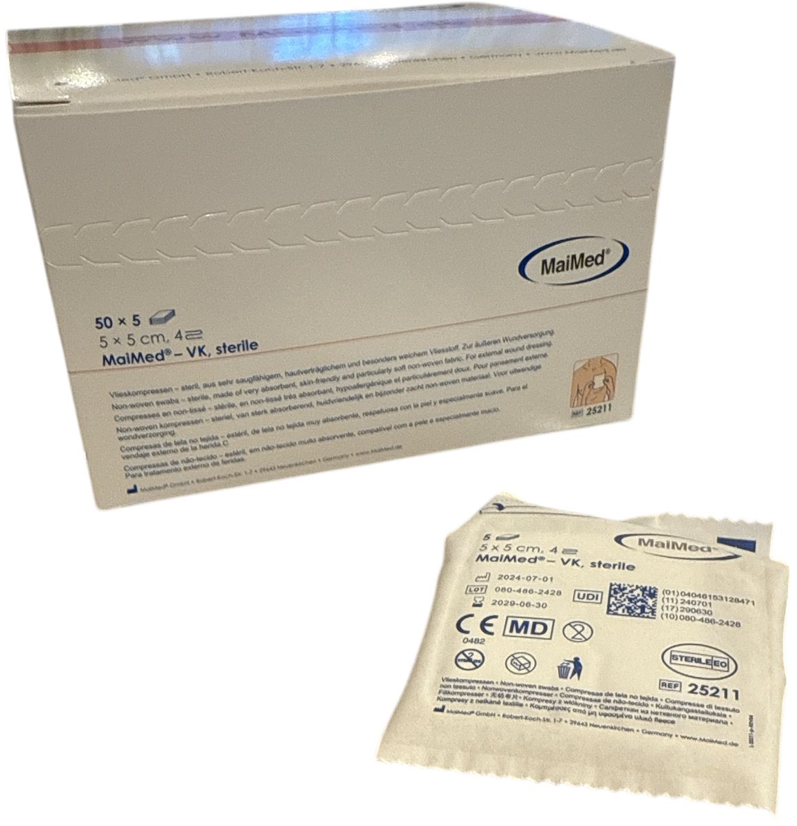 MaiMed non-woven steriele gaascompressen 5cm x 5cm per 5 stuks steriel verpakt 50x5