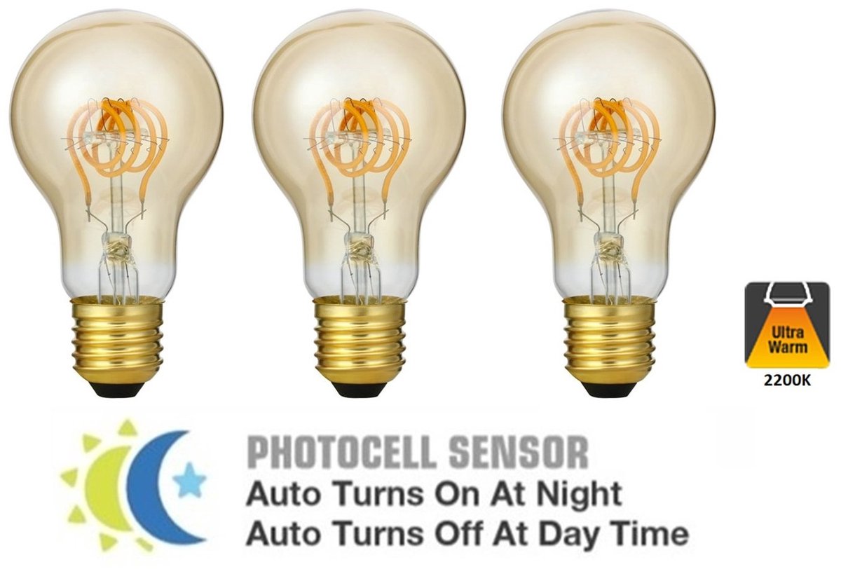 3 PACK - E27 4w Led Filament Lamp - 2200K Extra Warm - 200 Lumen - Dag/Nacht Sensor / Schemersensor