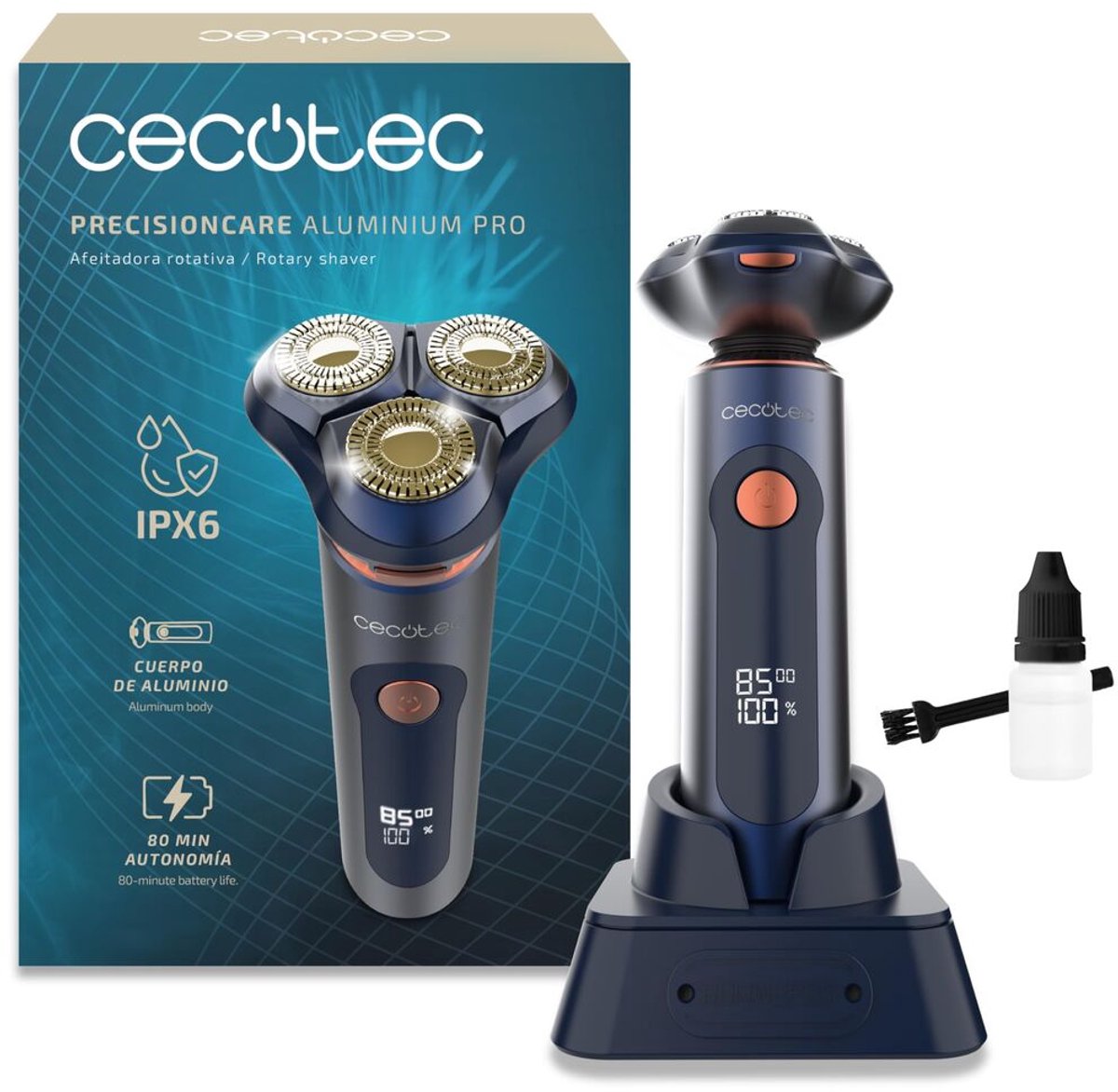 Cecotec Elektrisch Scheerapparaat PrecisionCare Aluminium Pro blauw titanium LCD 80min IPX6 basis