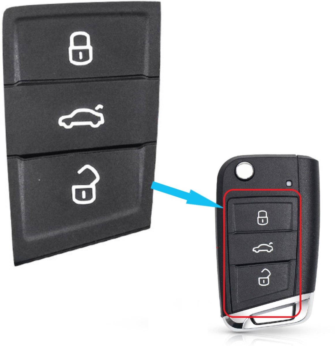 Rubber pad 3 Knoppen geschikt voor Volkswagen sleutel Golf / Passat / Seat Leon / Skoda Octavia / ter vervanging van je beschadigde volkswagen sleutel knoppen.