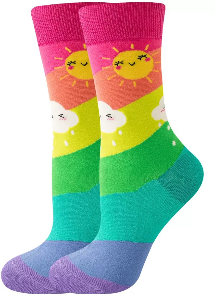 Sokken dames - blauw - geel - groen - leuke print regenboog - zon - 36 - 40 - cadeau - voor haar - Kerst cadeau - verjaardagscadeau