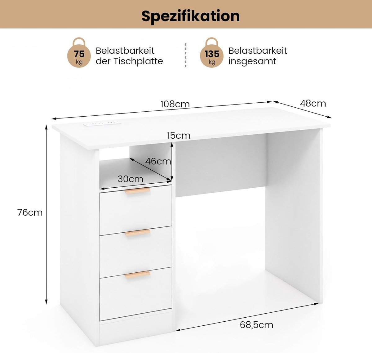 COSTWAY Bureau met 3 laden en laadstation, kleine computertafel, kinderbureau, moderne bureautafel, pc-tafel voor slaapkamer, werkkamer, kantoor, wit, 108 x 48 x 76 cm thumbnail 2