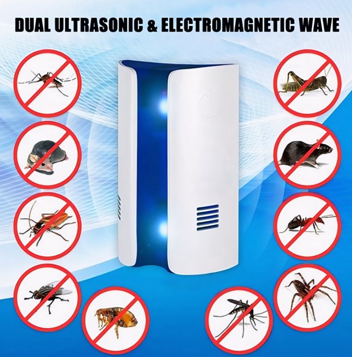 Ultrasone Ongediertebestrijder voor Binnen – Elektronische Verjager tegen Muizen, Insecten,Muggen, Spinnen & Vliegen | Milieuvriendelijk Anti-Ongedierte Apparaat Zonder Gif