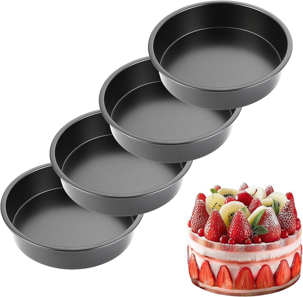 4x Ronde Taartvorm Set 20 cm - 5 cm Diep - Antiaanbak Bakvorm Koolstofstaal Zwart