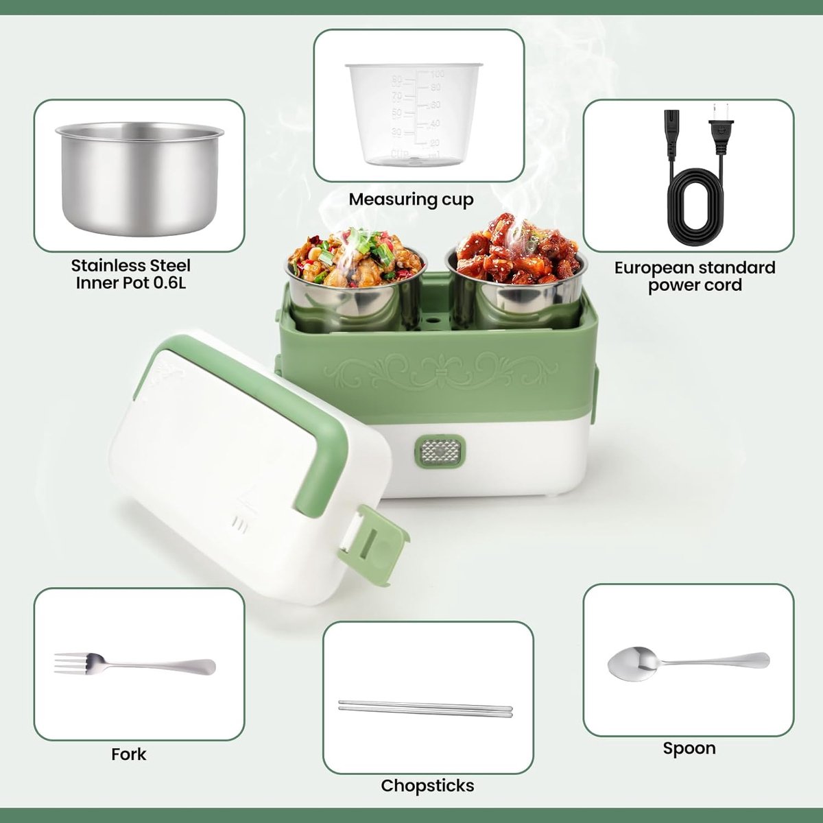 200W Verwarmde Elektrische Lunchbox - Thermische Dubbelwandige Lunchbox 2.4L - Met 4 RVS Binnentanks En Bestekset - Draagbare Voedselwarmer En Opbergtas - Meal Prep Bakje Snackbox En Vershouddoos - Ideaal Voor Werk Auto Kantoor Thuis En Onderweg — cadeau in Kookcadeaus - foto 4