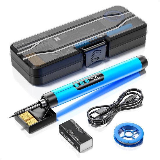 Tech Essentials Draadloze Soldeerbout - 8W - USB-C - Met Tin - Display - Kit - Fijnsoldeerwerk - Pen - Accu - Soldeerset - Solder - Elektrisch Gereedschap - Blauw