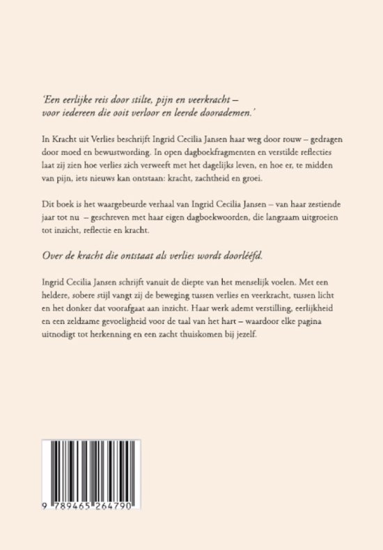 Achterkant van het boek 'Kracht uit Verlies' met tekst en ISBN-streepjescode.