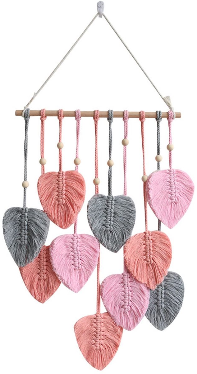 longziming -Macramé wandtapijt - Handgemaakte Macramé Wanddecoratie van Katoen – Uniek Bladontwerp – Natuurlijke Boho Woondecoratie 40×90 cm – Sfeervolle Muur – Roze