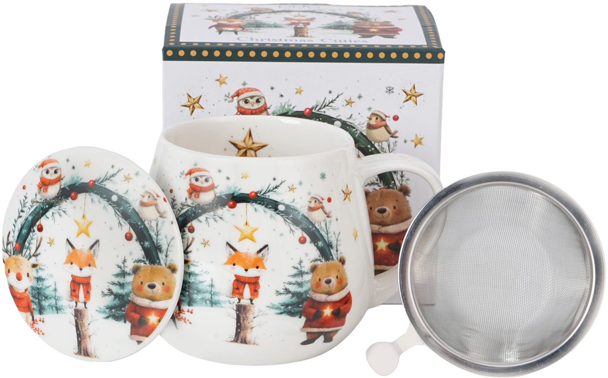 Duo Gifts Theeset Cuties – Kerst Beker met Filter & Deksel Porselein - Cadeaudoos