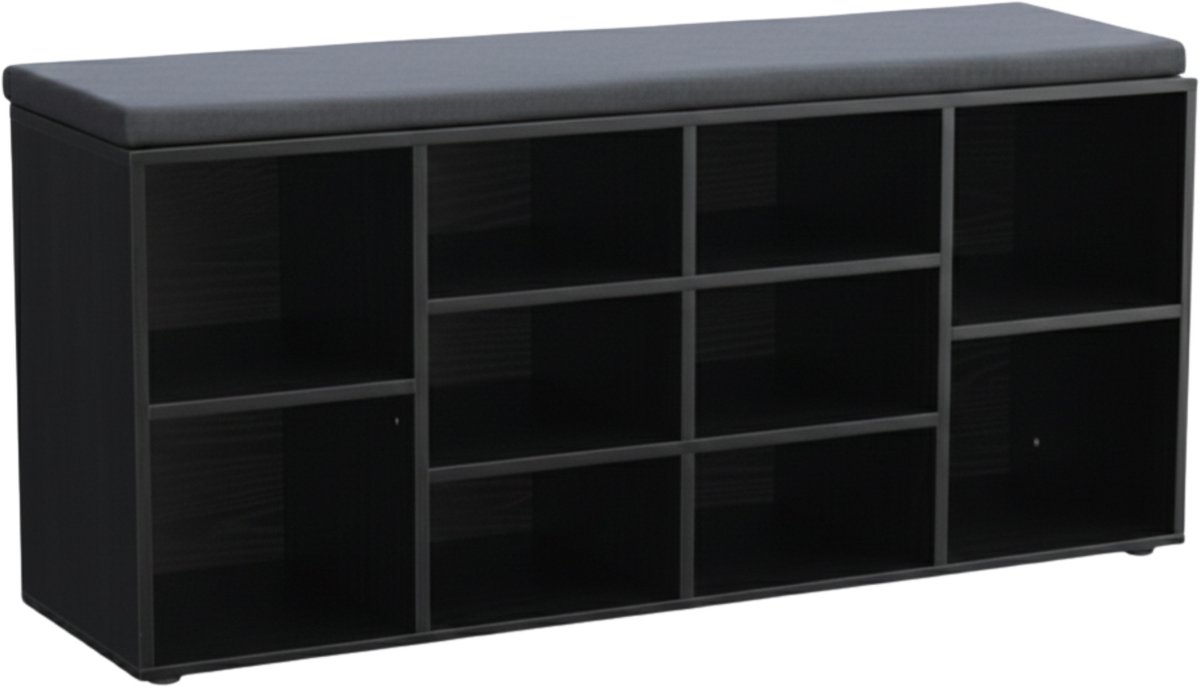 ACAZA Schoenenkast - Schoenenrek - Schoenenbank - Met Zitkussen - 10 Vakken - 104 x 30 x 50 cm - Zwart