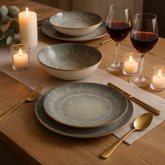 Service de table en porcelaine 12 pièces Elysian – Vert/Beige – 4 assiettes plates, 4 assiettes à dessert et 4 bols