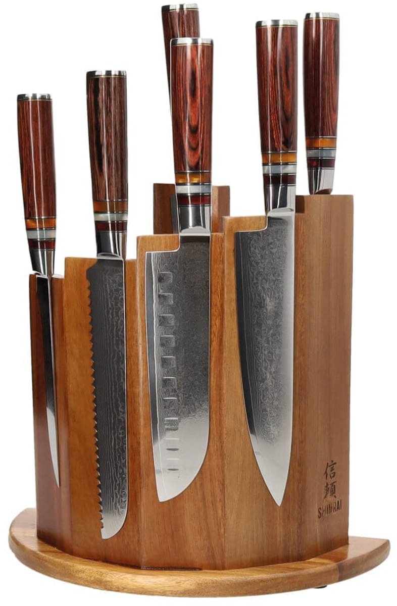 Shinrai Knives - Micarta Jewels 7-delige Damascus Messenset + Magnetisch Messenblok Scalae - Acacia hout