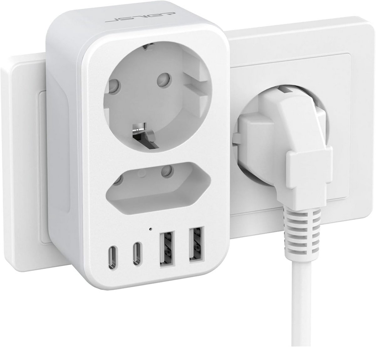 Stekkerblok met 2 USB-C en 2 USB-A Poorten, Schuko & Europese Stekker, Wit