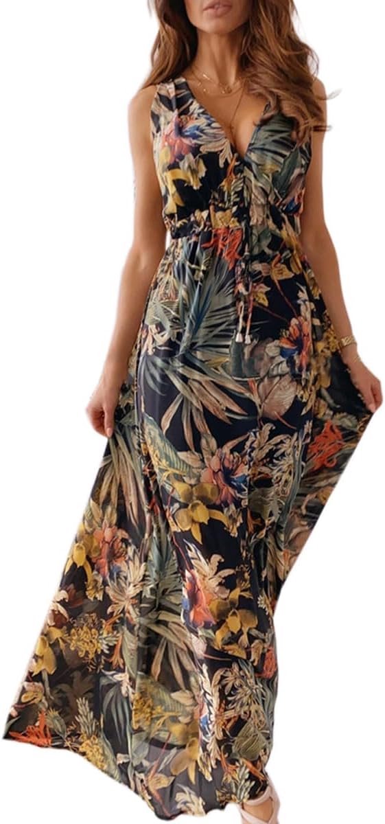 Dames Zomer Maxi Jurk Mouwloos Bloemenprint Casual Lange Strandjurk Boho Stijl