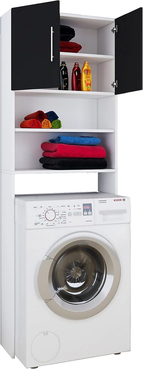 Hoge Opbergkast voor Boven de Wasmachine XL Zwart/Wit