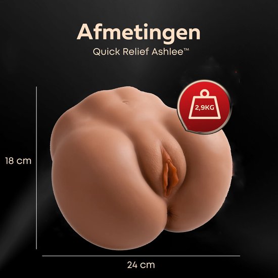 Bruine 2-in-1 masturbator met afmetingen van 18 cm bij 24 cm en een gewicht van 2,9 kg.