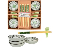 Sushi Servies Set - 4 persoons - Sauskommetjes, Eetstokjes & Opleggers - Japans Handbeschilderd Keramiek - Groen