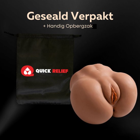 Bruine 2-in-1 masturbator met bijbehorende zwarte Quick Relief opbergzak voor discrete opslag.