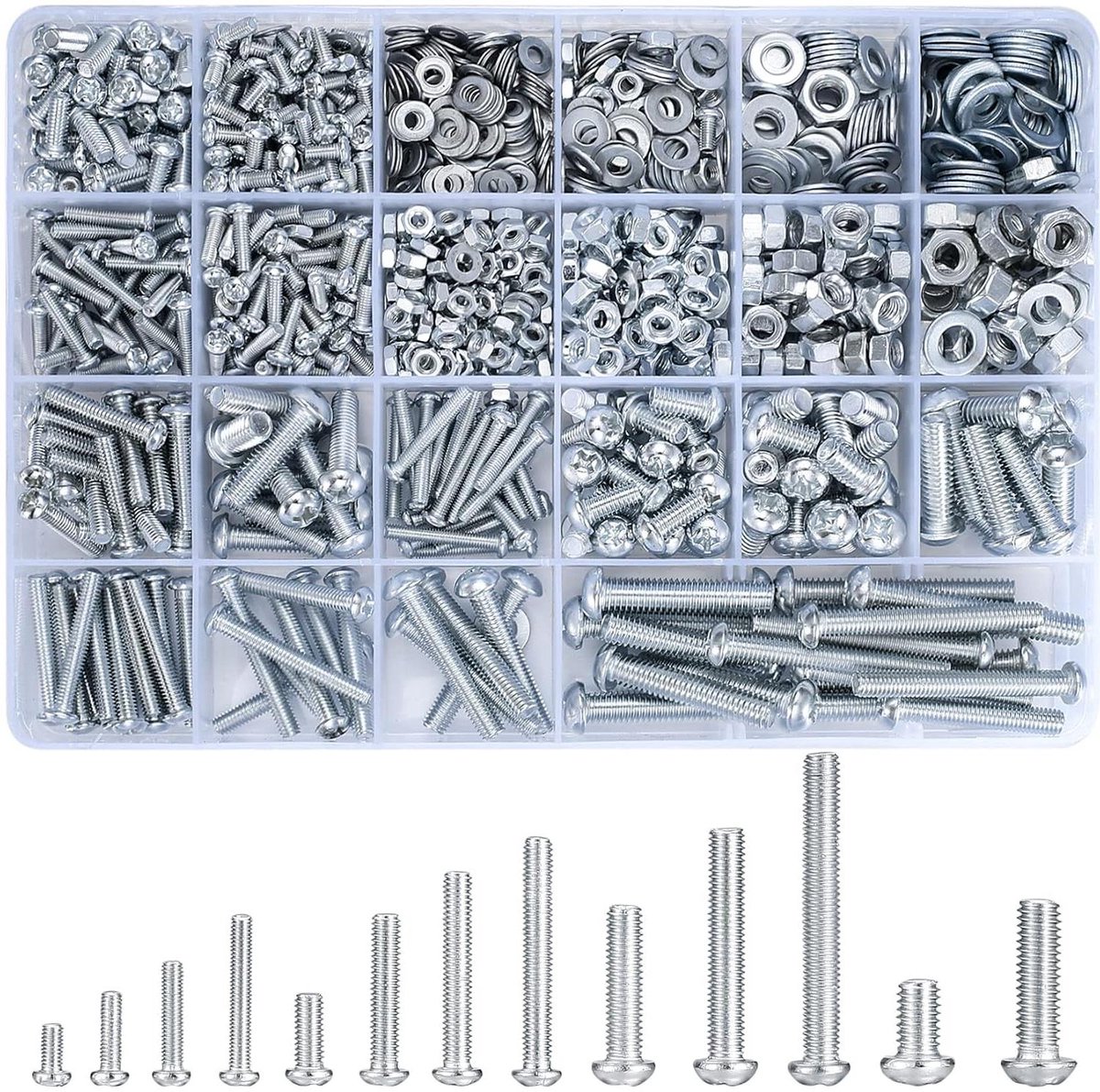 Provento - Schroefset assortiment met 1080 stuks M3, M4, M5, M6, inclusief zeskantmoeren en sluitringen. Lenskopschroeven, schroefdraadschroeven, kruiskopschroeven en machineschroeven in kit.