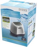 Doos van Intex Krystal Clear Zoutwater Systeem QS400, met afbeelding van zwembad en systeem.