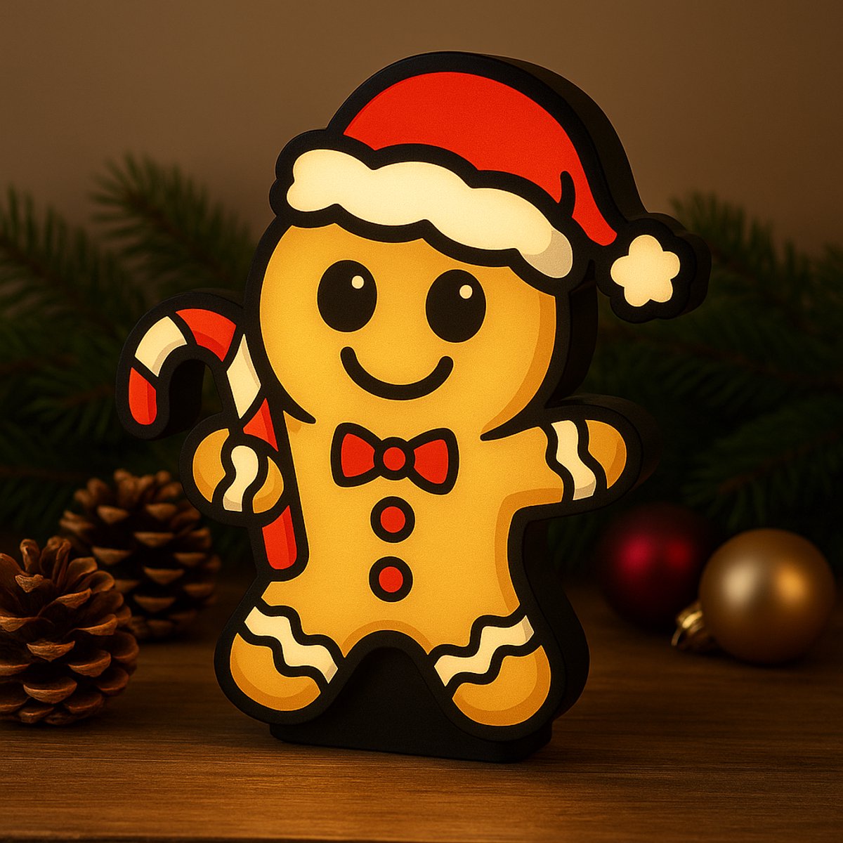 Kerst Gingerbread Lightbox – 3D Cartoon Nachtlampje met Snoepriet – Warm Wit LED Licht & K