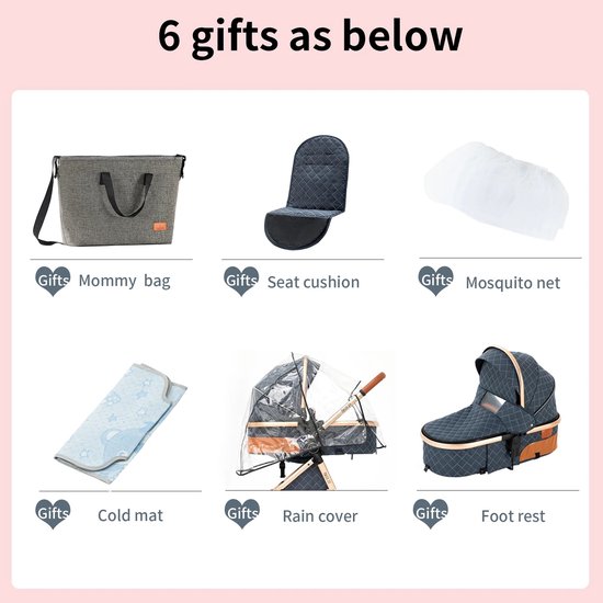 NaevaMi Kinderwagen 3-in-1 - Buggy - Multifunctionele Kinderwagen 3in1 - Lichtgewicht Kinderwagen - Multifunctionele Kinderwagen met Aluminium Frame - Kinderwagen Maxi Cosi - Kinderwagens & Buggy's - 6 Extra Accessoires - Wit/Goud - 0-20kg van Merkloos — afbeelding 2