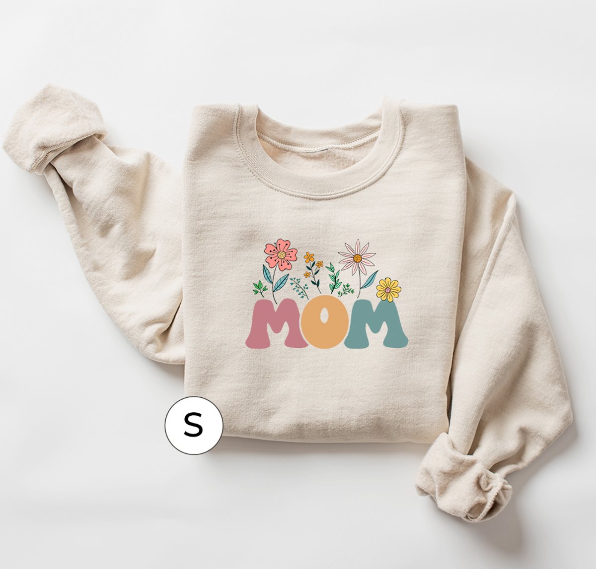 Beige Oversized Sweater voor Vrouwen - Mom Print met Bloemen - Small - Comfortabele Trui - Perfect Cadeau voor Moeders