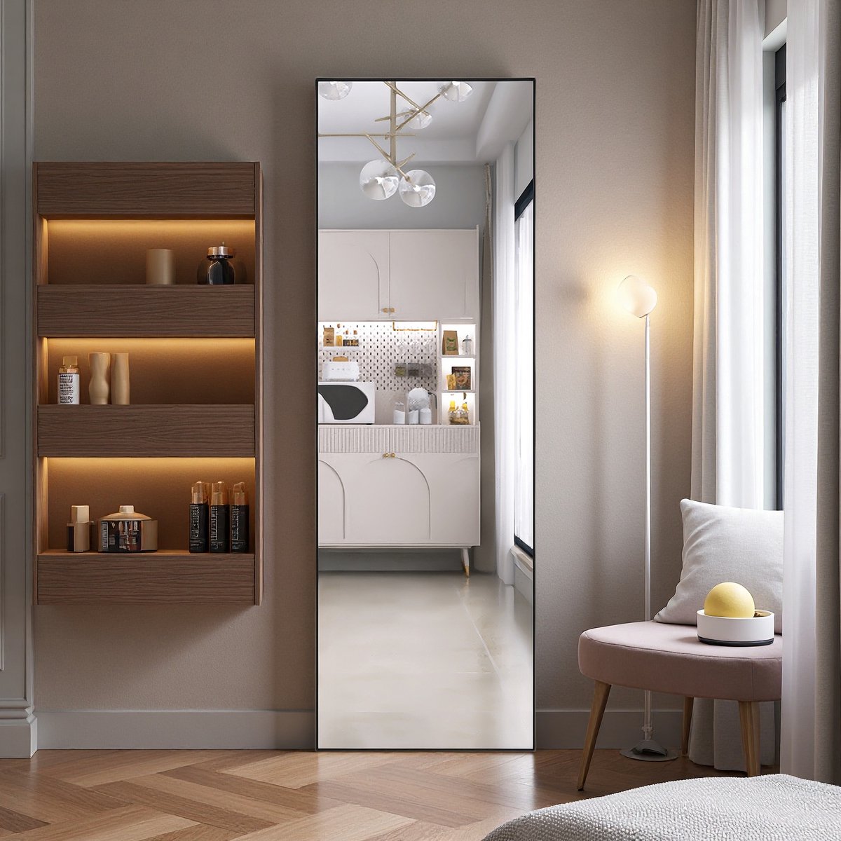 Staande make-upspiegel 165×60 cm met gehard glas en zwart aluminium frame, moderne vloerspiegel voor slaapkamer of dressingroom