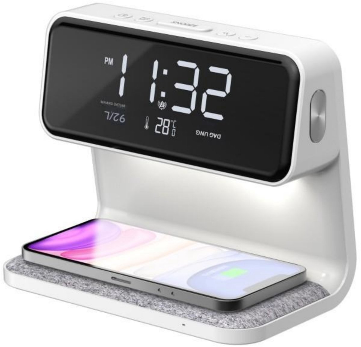 GELLDG Digitale wekker - Wake-up Light - Draadloos opladen - LED-schermweergave - Dubbele alarmen - Dimbaar - Touch-dimfunctie - Ochtendwekker - Wit
