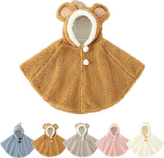 Bruine baby capemantel met capuchon, berenoren en pomponknopen, te koop in diverse kleuren.