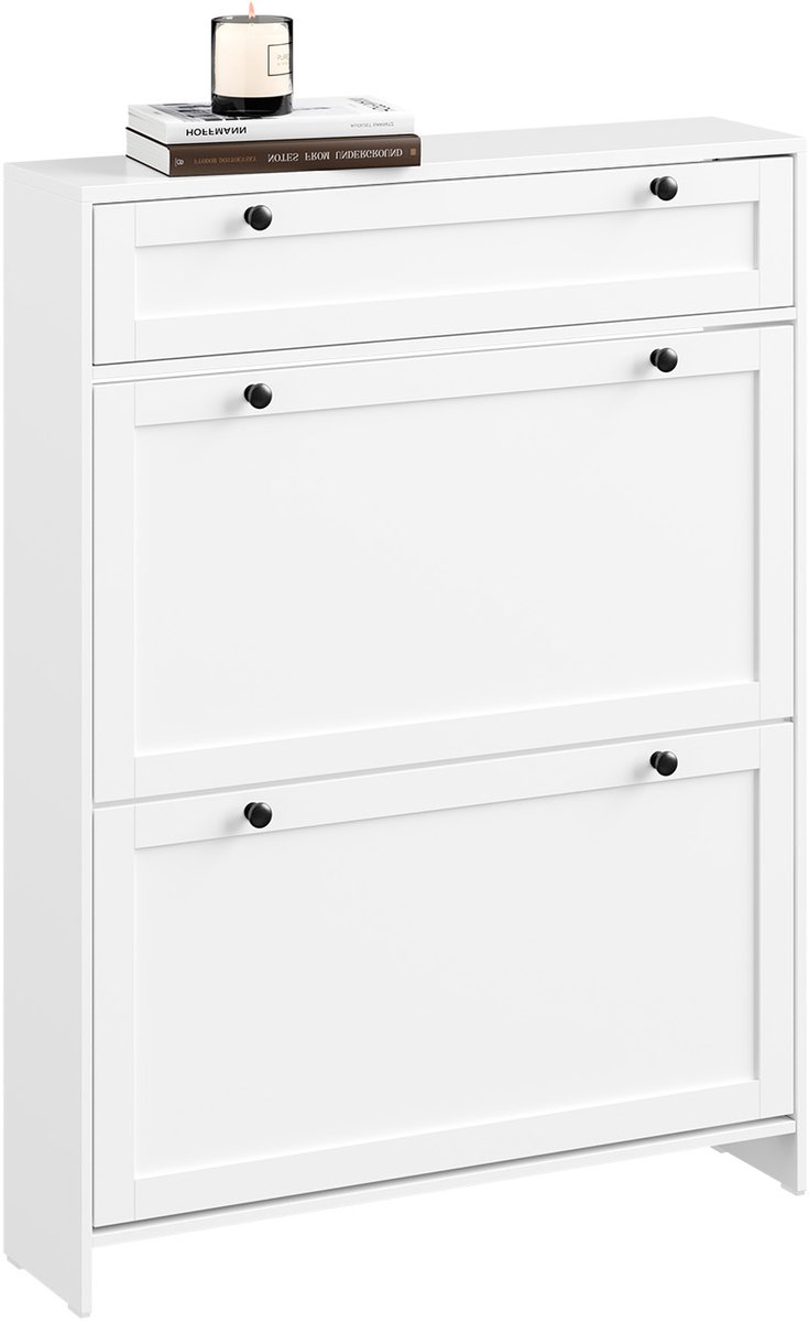 SoBuy Witte schoenenkast, schoenenrek voor ingang, lade en 2 vleugeldeuren, compact design, eenvoudige installatie, MDF, multifunctionele opbergkast, 80 x 19 x 107 cm, FSR207-W