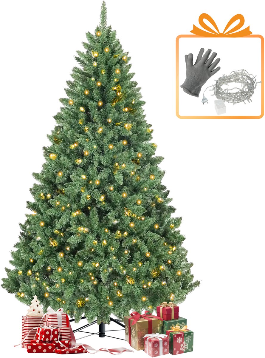 Sinaopus Kunstkerstboom 215 cm - Tovenaars Den - Met verlichting (Gratis lichtsnoer) – 1400 takken – PVC milieuvriendelijk materiaal – Metalen standaard – Snel opzetten – Opvouwbare takken – Groene kerstboom met spitse top