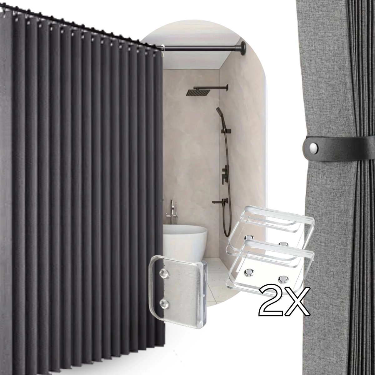 Vouw Douchegordijn 180x200 + 2x Transparante Clips | Grijs | Stof | Water- & Schimmelbestendig | Anti-Plak | Modern & Strak Douche Gordijn | Bundel