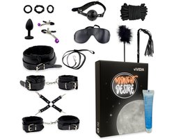 VIVIDIA Midnight Desire – Premium BDSM Bondage Set voor Koppels – Bondage Touw, Handboeien, Enkelboeien, Hogtie Straps, Tepelklemmen, Zweep, Kietelveer, Buttplug, Cockrings, Masker, Gag Ball & Halsband met Lijn – Sex Toys voor Mannen & Vrouwen