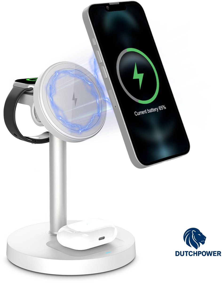 DUTCHPOWER Simple Tower – 3-in-1 Draadloos Oplaadstation – Voor iPhone, Apple Watch en AirPods – Verticaal en Compact Ontwerp – 15W Snellader – Wit