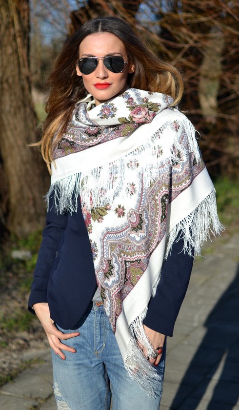 Luxyra Châle Rococo - Mode femme - Accessoires - Châle - Châle en laine avec franges en soie - 125x125 cm