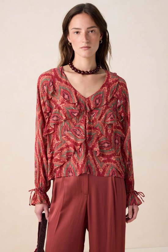 Rode Ruffle Blouse Met Print