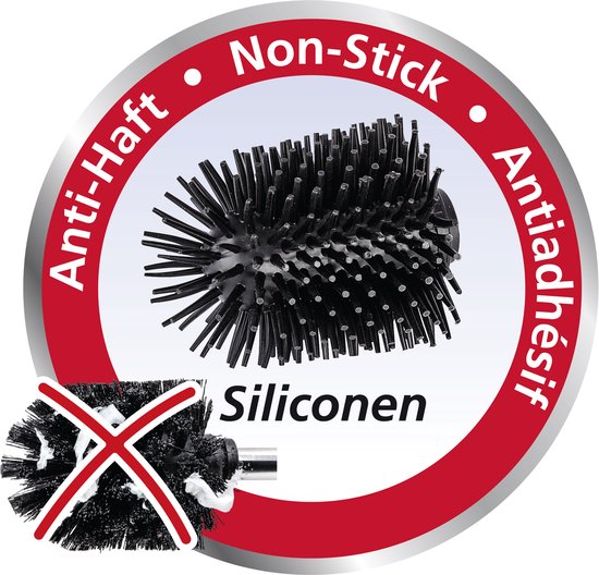 Wenko toiletborstel. 'Non-Stick', 'Anti-Haft', 'Antiadhésif' en 'Silikonen' op rode cirkel.