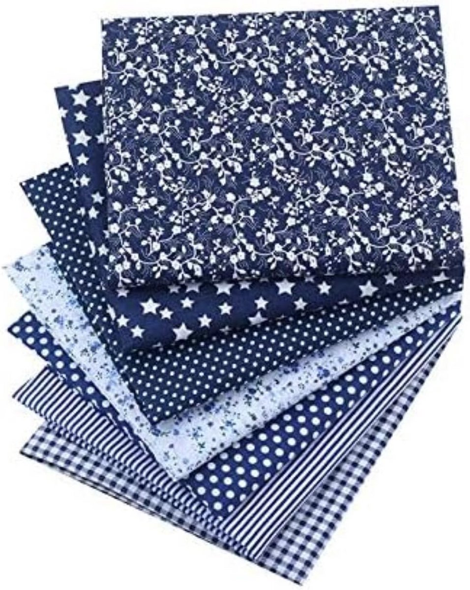 7 Delige Stofbundel 100% Katoen in Marineblauw en Wit - Voor Quilten, Naaien en Knutselen