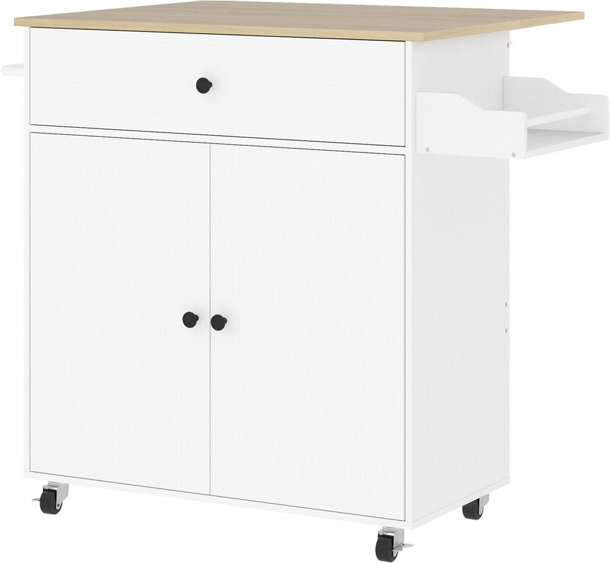 Keukentrolley - Met Klapbaar Werkblad - Met Lade en Kast - Opbergwagen - MDF - Wit