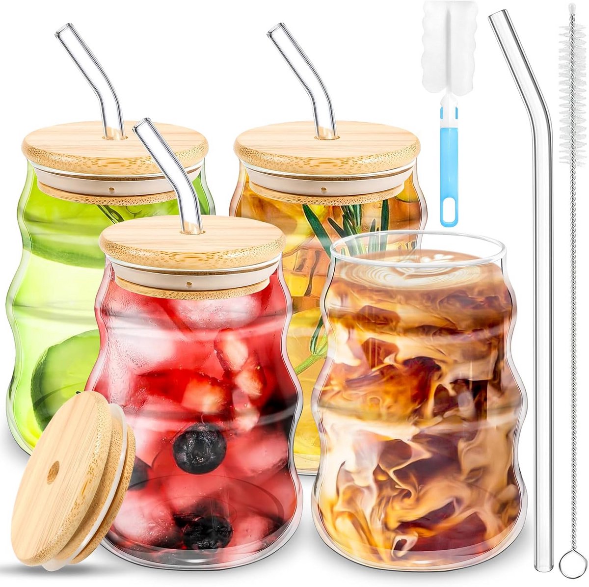 Latte Macchiato Koffiekopjes Set van 4 - 530 ml Gegolfd Glas met Deksels en Rietjes