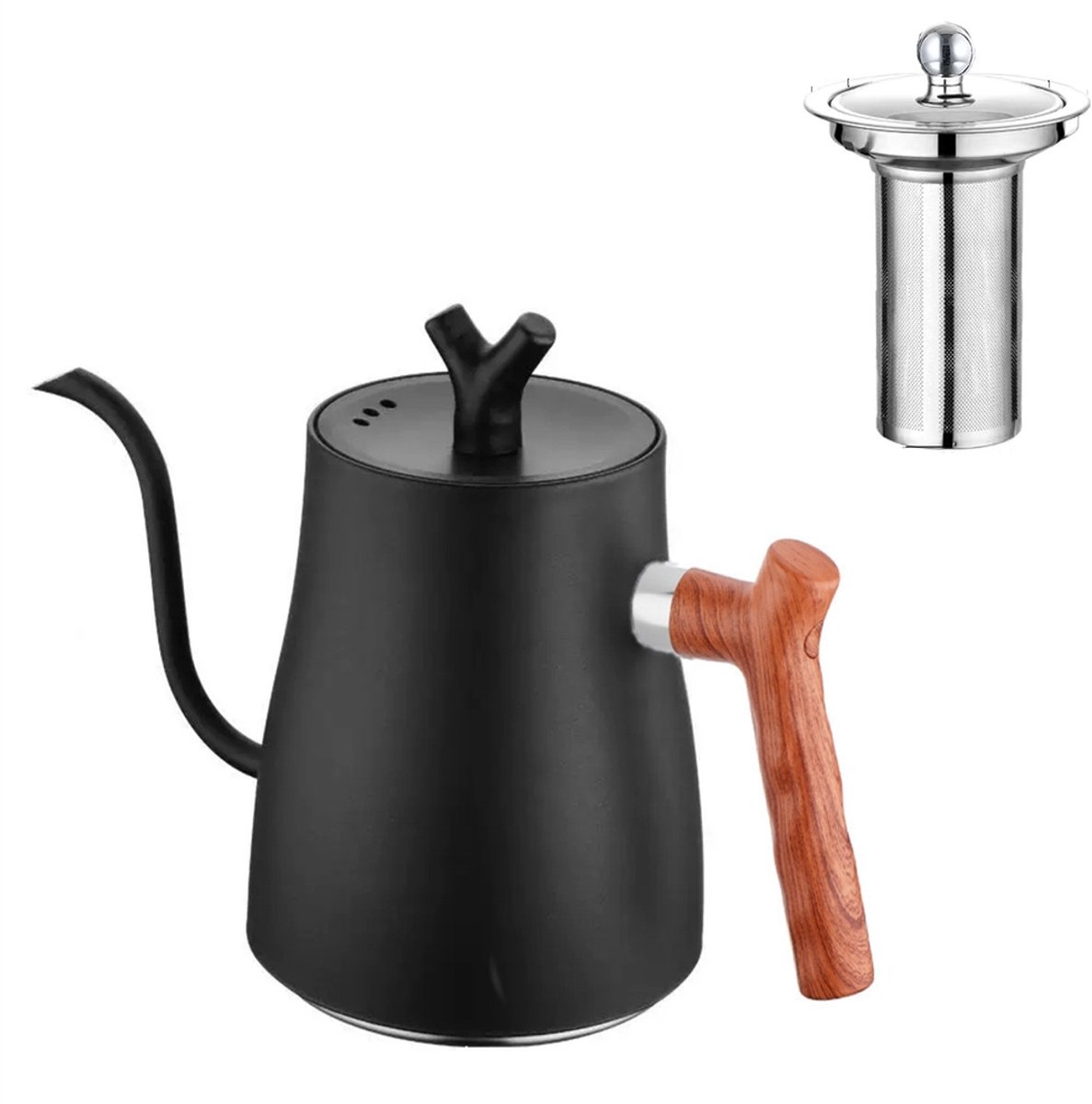 Theepot-dubbelwandig-Hout-RVS-met rvs Filter-Zwart -Lange tuit-Theekan-1.5 Ltr