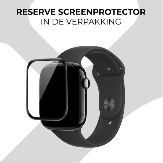 Zwarte Apple Watch met display protector, klaar voor montage. Tekst: Reserve screenprotector in de verpakking.