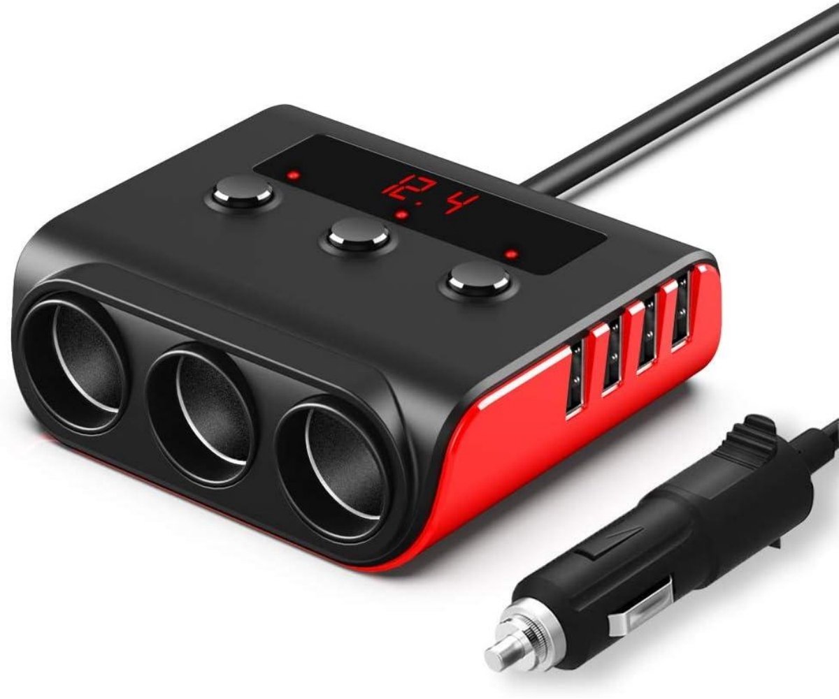 GELLDG Autoladeradapter - Drievoudige auto-sigarettenaanstekerverdeler - Met 4 USB-poorten - 120W - 12V/24V DC - Multi-stopcontactverdeler - Met LED-display en aparte schakelaar