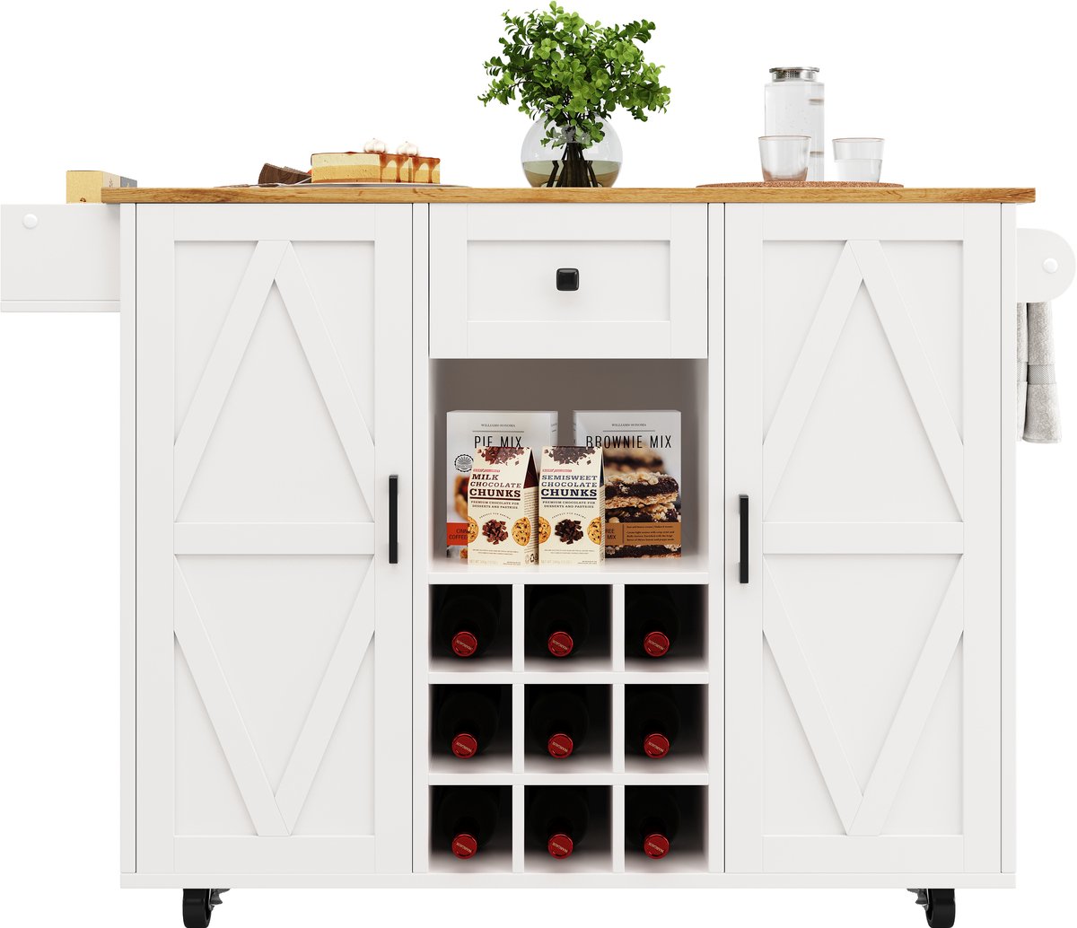 Modern keukeneiland, keukenkastjes, dressoir, serveerwagen met houtnerf, dressoir, multifunctionele eettafel met opbergruimte, serveerwagen met snackplanken en uitschuifbare kasten.