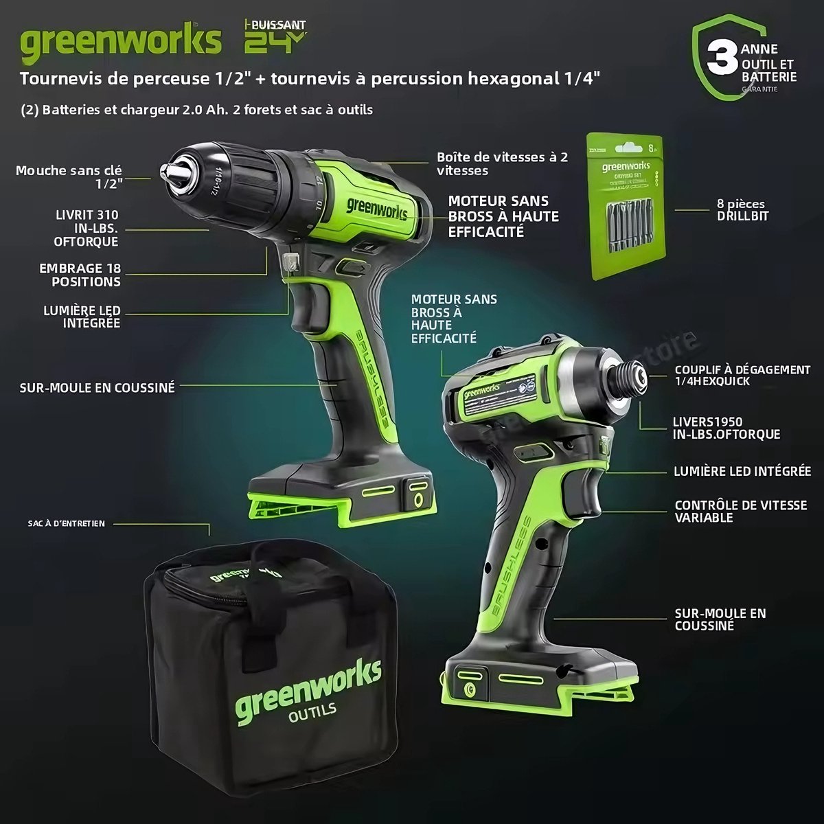 Greenworks Accu Schroefboormachine 24V - 220 Nm Max - Accuboormachines - incl.1/2-inch accuboormachine en 1/4-inch zeshoekige slagschroevendraaier - Incl. 2 Accu's – foto 4