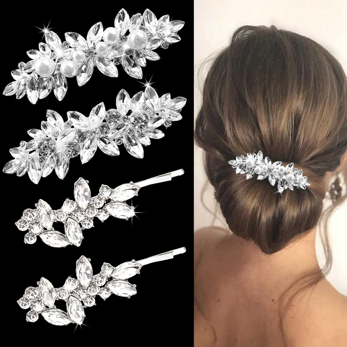 4x Luxe Bruidshaarspelden met Kristal en Parels - Zilveren Bruiloft Haaraccessoires