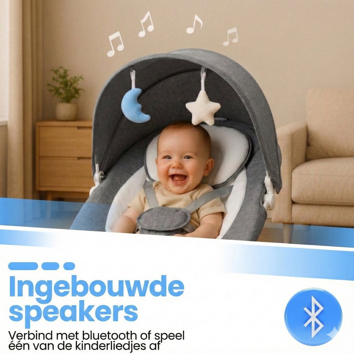 Laavir® Baby Swing – Elektrische Babyschommel – Automatische Wipstoel met Bluetooth & Afstandsbediening – Schommelstoel met 5 Snelheden – 5-Puntsgordel – Wasbare Hoes – Tot 9 kg – Grijs — afbeelding 8