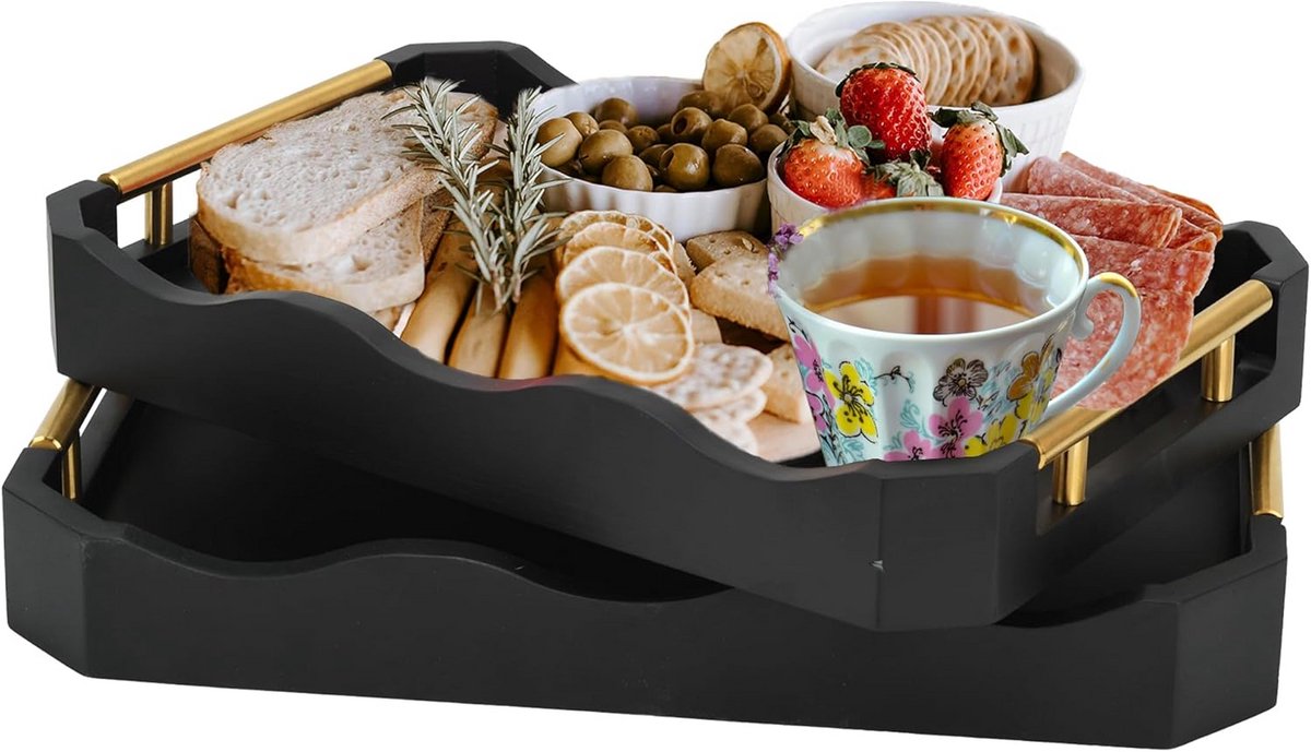 Set van 2 stapelbare bamboe serveerbladen met handvatten voor tafel en bank